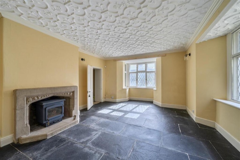 The drawing room with its deeply modelled plaster ceiling and carved stone fireplace.