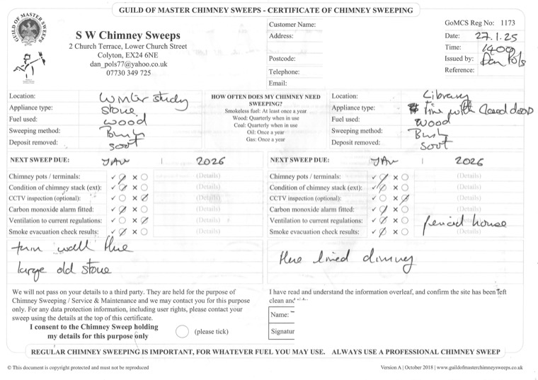 A Guild of Master Chimney Sweeps certificate dated 27 January 2025 covering two appliances, the Winter Study stove and the library stove, with all inspection checks passed.