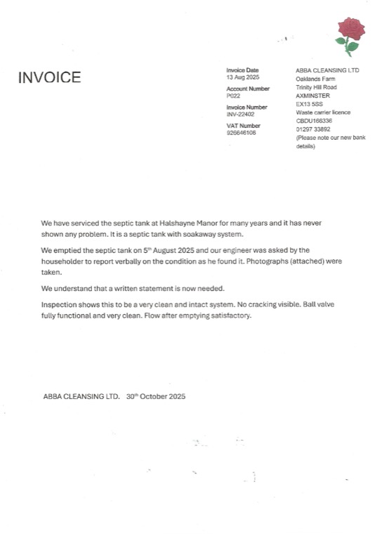 A written report from ABBA Cleansing Ltd dated 30 October 2025, confirming the septic tank was emptied on 5 August 2025 and found to be a very clean and intact system with no cracking visible.