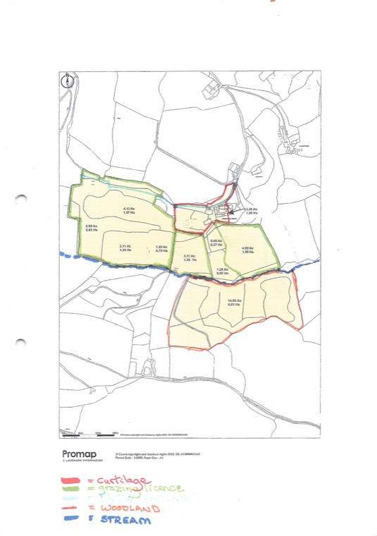 Boundary plan of Halshayne Manor Farm, each land parcel outlined and shaded with its acreage marked, with a handwritten colour key beneath reading curtilage, grazing licence, woodland and stream.