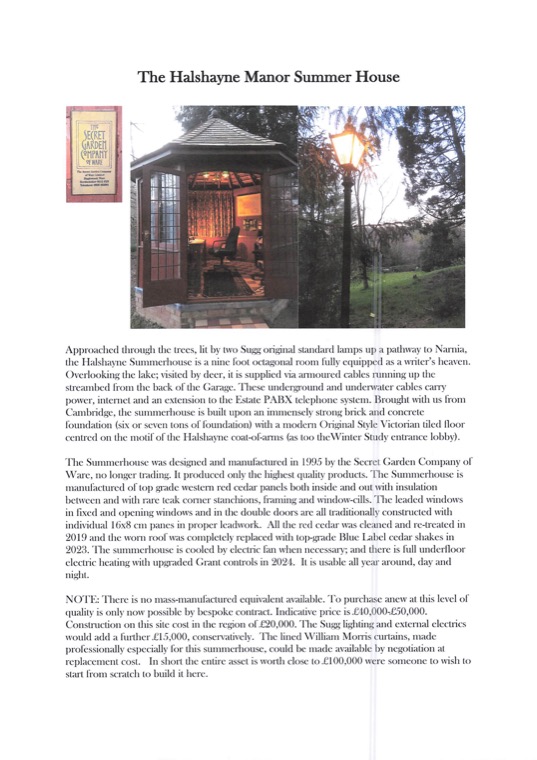 A typed one-page account headed The Halshayne Manor Summer House, with three photographs across the top showing the summer house lit from within, a standard lamp, and the maker's label.