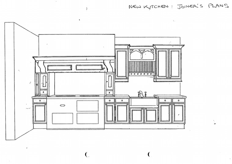 A drawn elevation of one kitchen wall showing runs of cupboards, drawers and shelves.