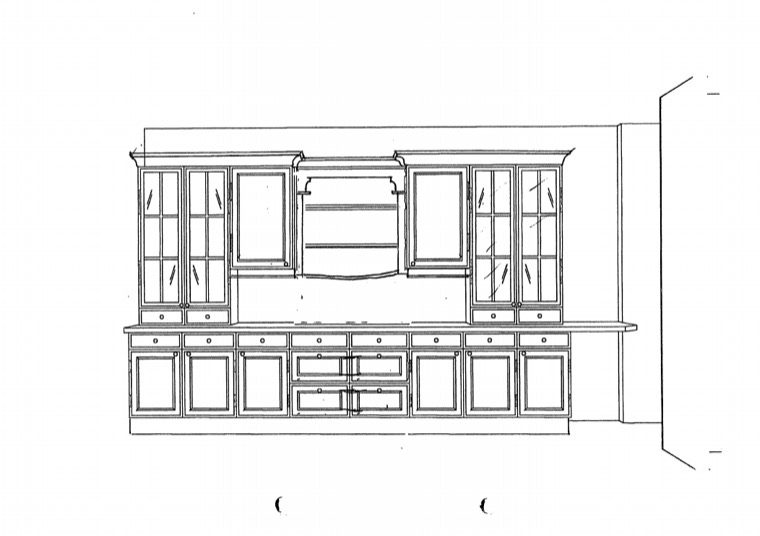 A second drawn elevation showing a tall bank of drawers and glazed upper cupboards either side of an opening.