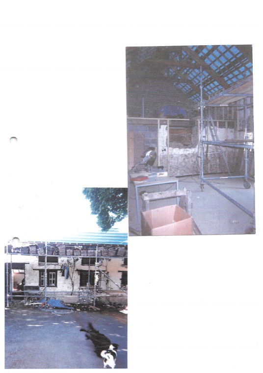 Album page with two photographs: the barn interior open to its rafters with a mobile tower, and the scaffolded elevation from the yard.