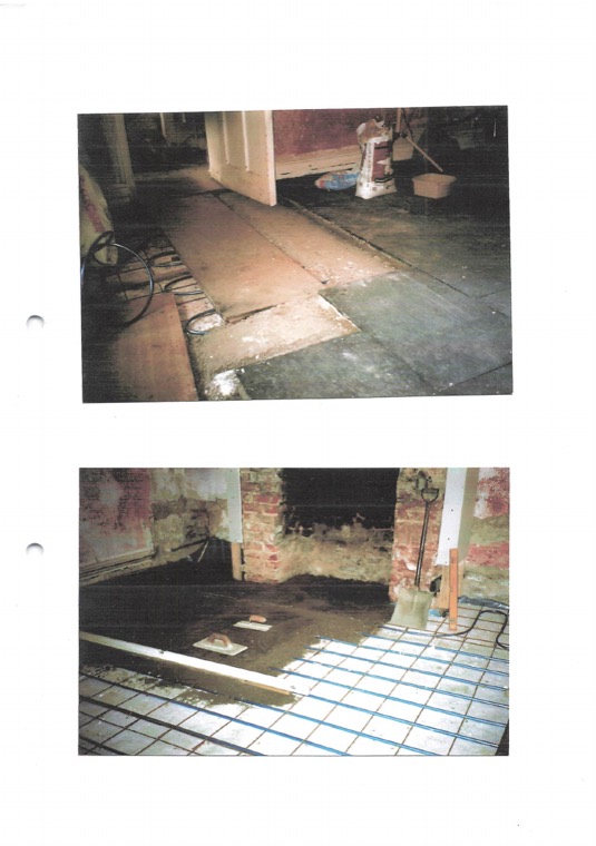 Album page with two photographs: floorboards lifted in a stripped room, and underfloor heating pipework clipped to a grid across the whole floor in front of a brick inglenook.